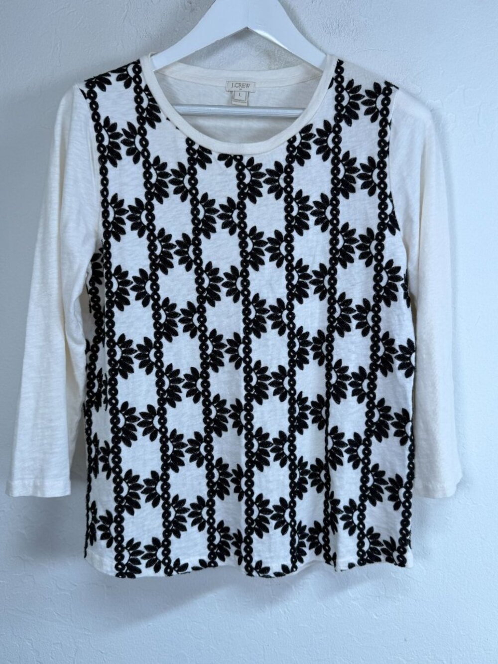 J.Crew Womens Embroidered Floral Stripe Top White Black 3/4 Sleeve Blouse Large